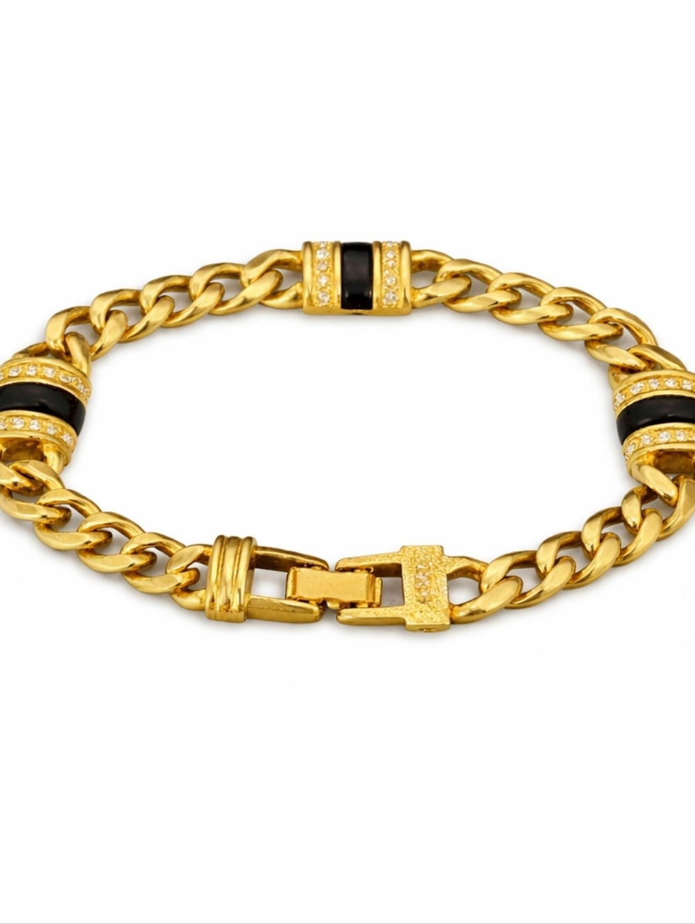 Vintage Swarovski SAL Gold Chain Link Bracelet Black Enamel & Crystal Statement